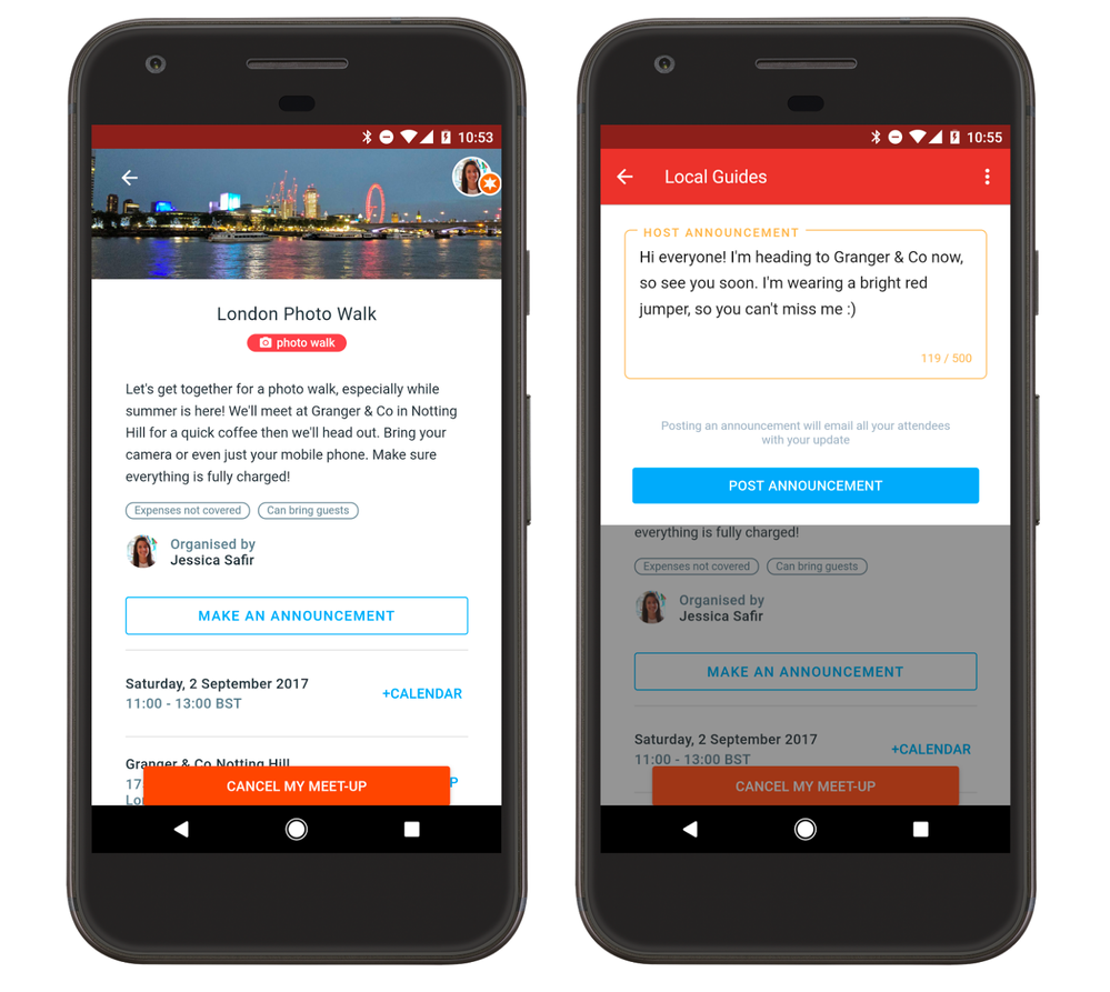 Caption: (Image on left) Screenshot of “Make an Announcement” feature on an Android device that will appear the next time you visit your approved meet-up page.  (Image on right) Screenshot of the announcement text box on an Android device where you will input your announcement.