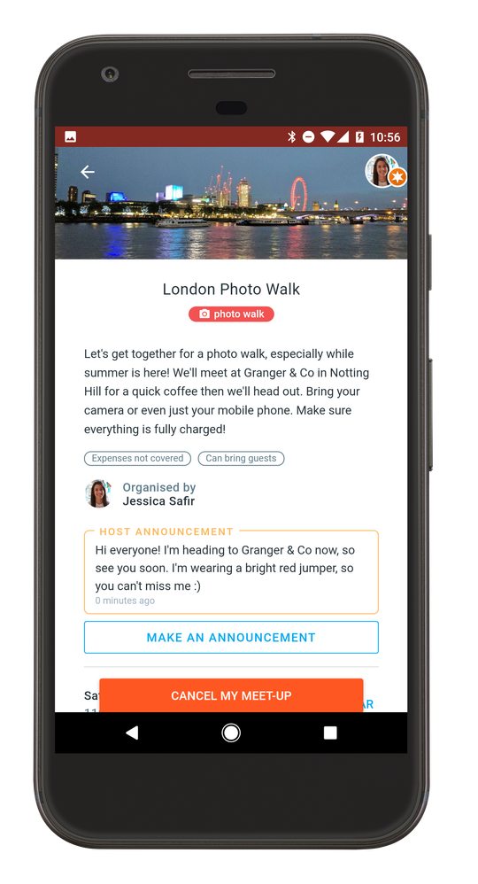 Didascalia: Schermata che mostra su dispositivo Android come il vostro annuncio verrà visualizzato dopo l’invio ai partecipanti sulla vostra pagina meet-up approvata.