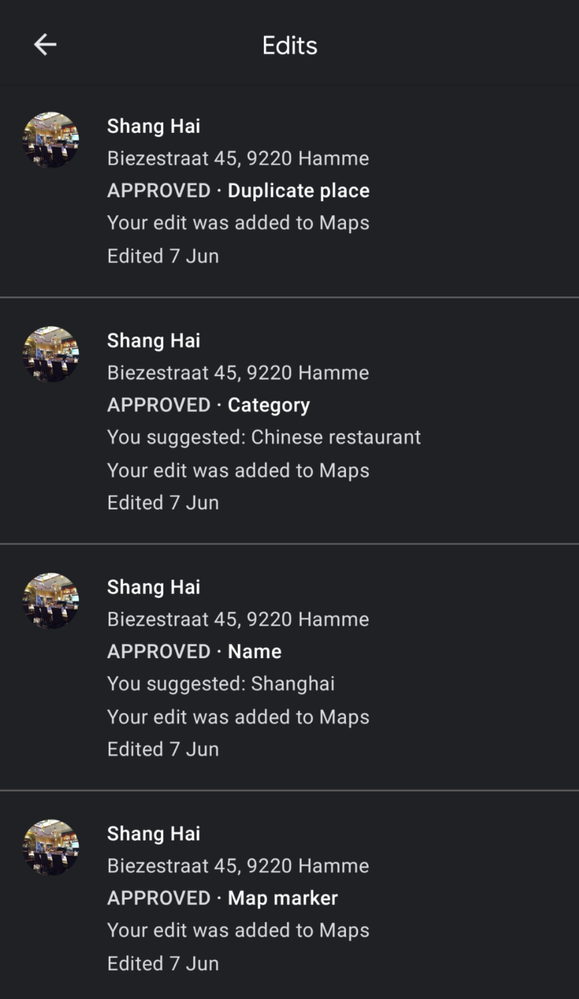 A screenshot showing the approved edits from local guide @JanVanHaver's list of edits