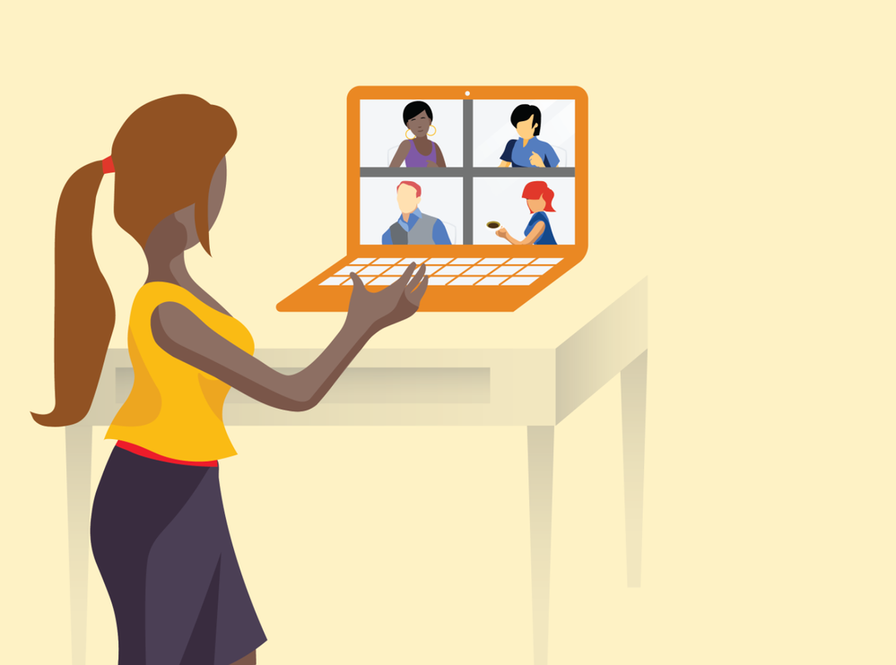 Caption: An illustration of a person with a laptop in front of them, chatting with other people online via a video call.