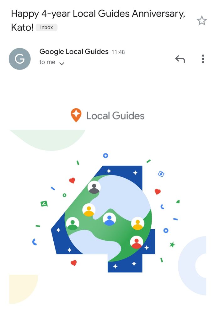 A screenshot of a milestone sent to Local Guide Kato from Google Local Guides.