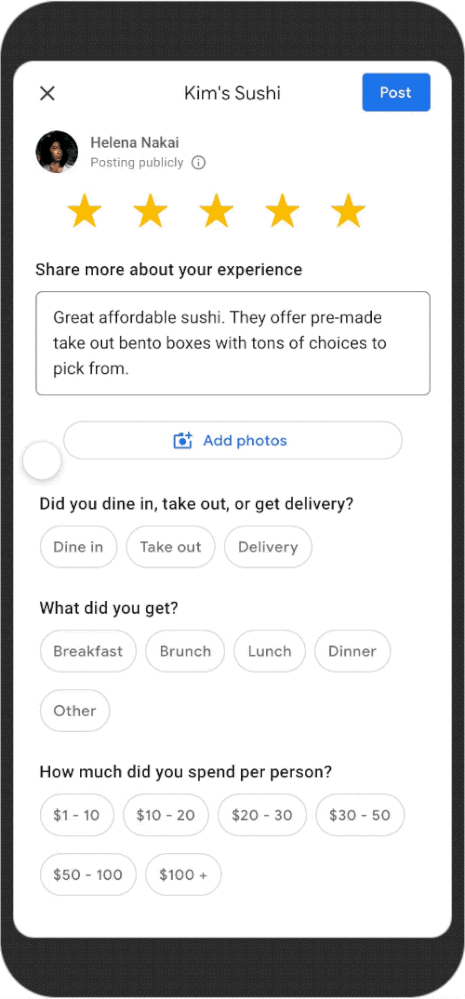 Caption: A GIF showing new prompts you can answer on Google Maps to share even more helpful information about a business.