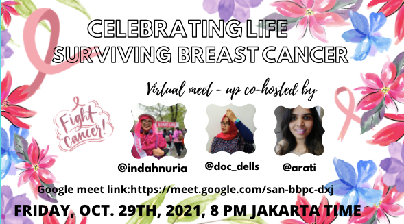 Caption : A poster depicting the event 'Celebrating Life, Surviving Breast Cancer with LGs @indahnuria @doc_dells and @arati as host and co-hosts