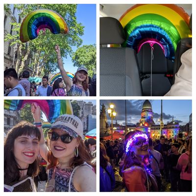 Caption: a photo collage with 4 photos, one of me smiling holding a rainbow shaped balloon, other with the balloon in the car, next one is a selfie with my friend and the last one is me smiling in front of the Congress with a crown made of colorful led lights.