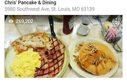 A screenshot of a photo of  ham steak breakfast platter uploaded onto Google Maps on  12/1/2017 and showing the star views as at 269236 (Local Guide @Hawkinsblu6