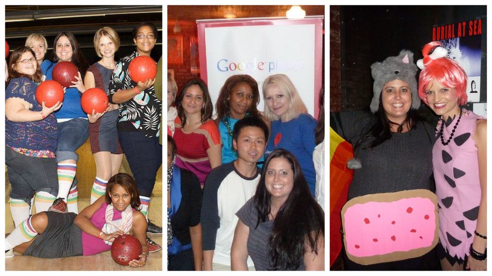 Caption: A collage of three photos from events Traci attended in 2011 as a community member.. From left to right:  A photo of girls holding bowling balls with Traci in the center. A photo of a group of folks standing in front of a Google Places sign with Traci in the bottom right. In the last photo, Traci is dressed up as Nyan Cat with another community member dressed up as a Flintstone.