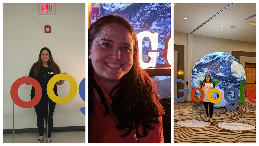 Caption: A collage of three photos. Left to right, Traci in dark clothing behind Google letters, Traci with face makeup in front of a lit Google sign and a photo of Traci in front of a globe with the Googler letters.