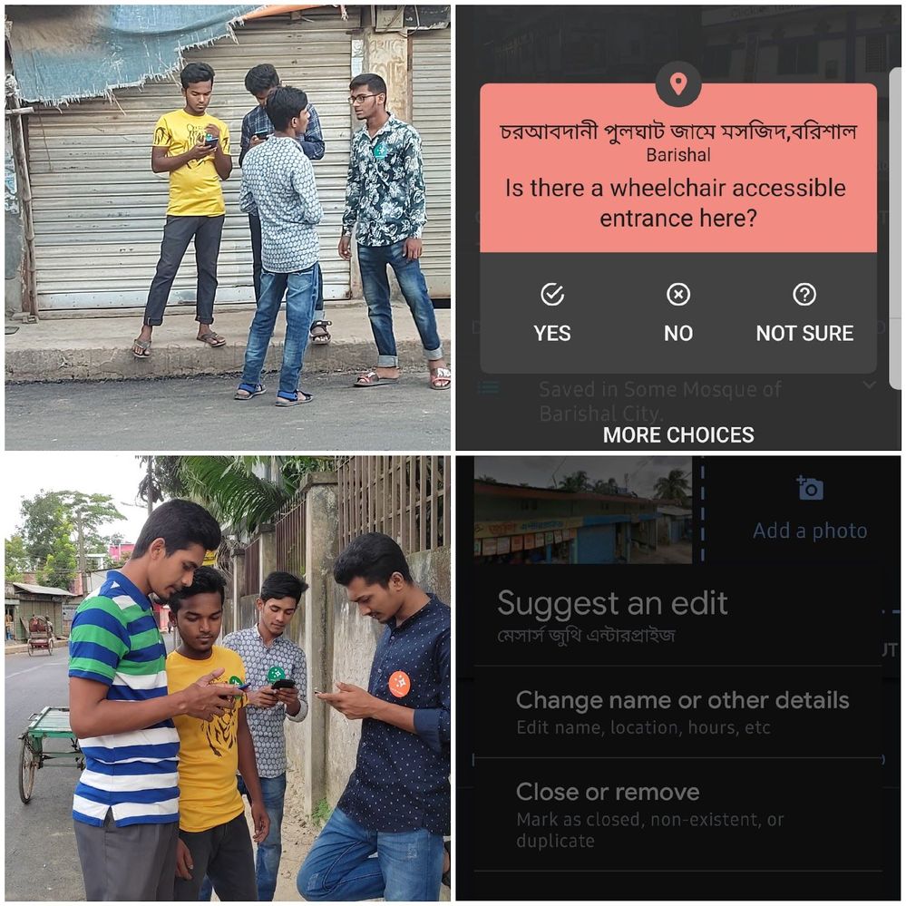 Caption: A collage of photos of Kamal (in a white-and-blue-striped shirt) and fellow Local Guides answering questions and updating business details on Google Maps. (Local Guide Kamal H.)