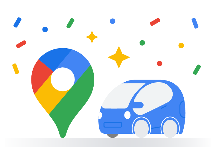 An illustration of a car next to the Google Maps logo under confetti