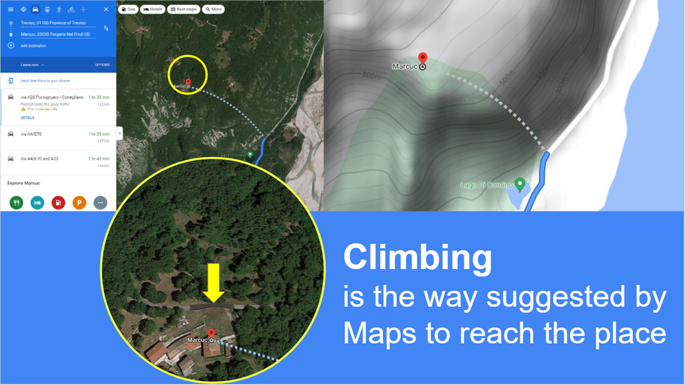 Caption: a pair of Google Maps screenshots, showing the suggested route to reach a place, and at the bottom the text: "Climbing is the way suggested by Maps to reach the place"
