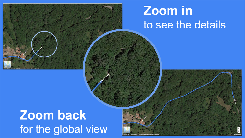 Caption: Two screenshots of the Google Maps Road Editor, showing the same area before (left) and after (right) drawing a new road. In the center a detail of how you can see the area where you draw using the zoom, and the text: "Zoom in to see the details -Zoom back for the global view"