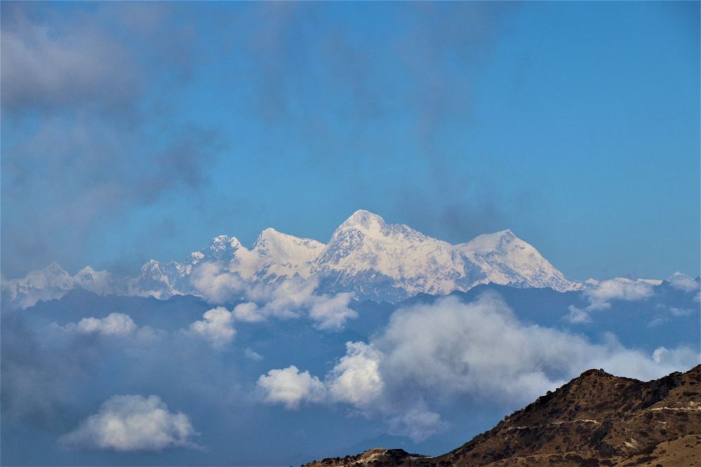View of three mountains from Sandakphu. Makalu peak, Everest peak,  Lhotse peak.