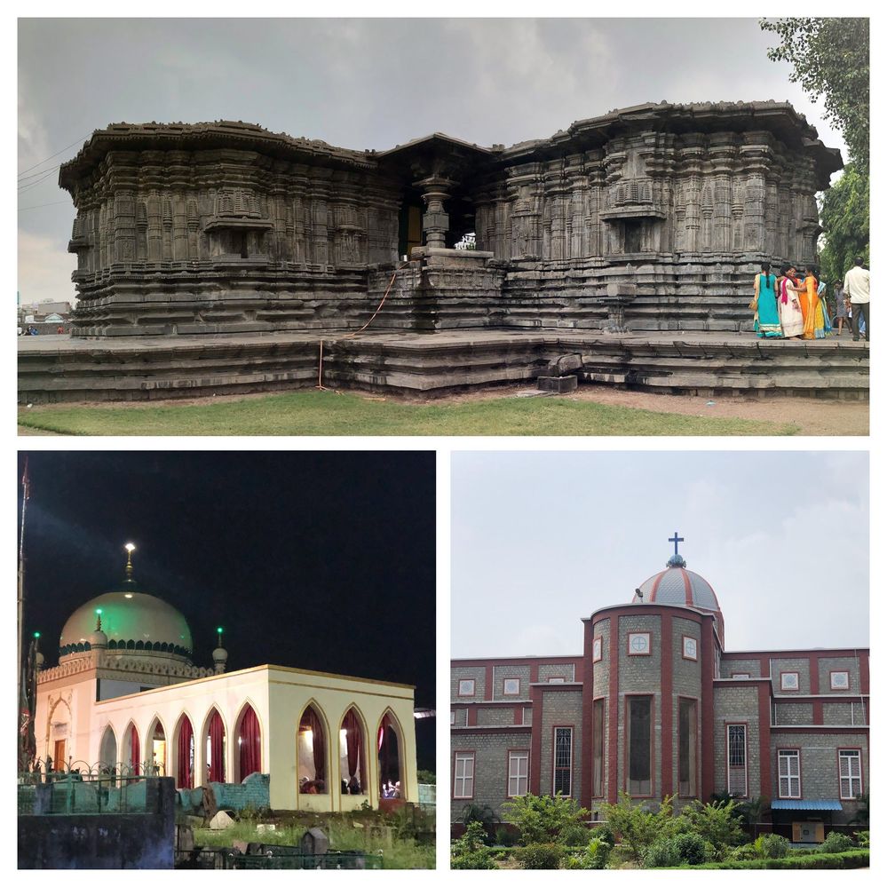 Caption: A collage containing Thousand Pillar temple on top and the bottom left is a Mosque and a church on the right