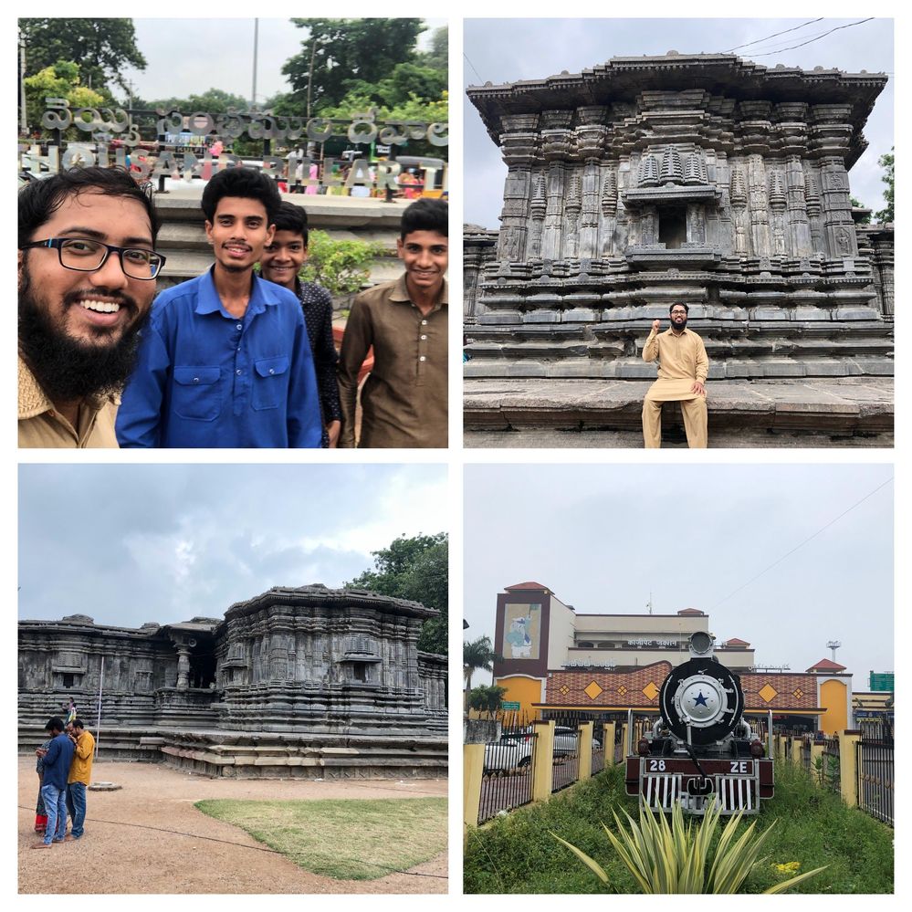Caption (From clockwise): A collage containing a selfie of me with few Warangal local guides, me posing in front of 1000 pillar temple, A train model installed in front of Qazipet railway station and visitors fascinating the temple architecture