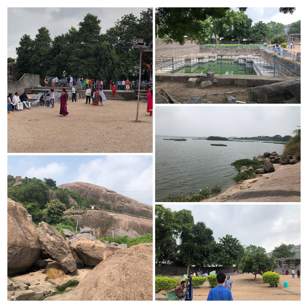 Caption: A collage containing a pond (1000 pillar temple), a pond (Kala Bhairavi temple) and Hanamkonda mountain