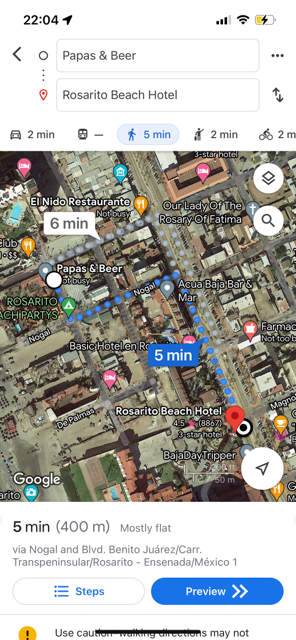 screen shot of walking directions from Papas &  Beer to the Rosarito Beach Hotel