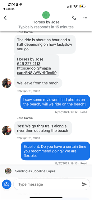 Screenshot of Chat with Local Business to Ride Horses