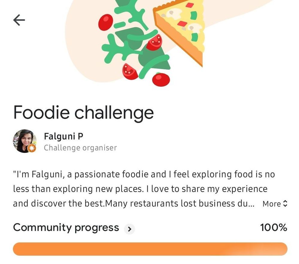 Caption: A screenshot of the completed Foodie challenge in India, hosted by @FalguniP. (Local Guide @FalguniP)