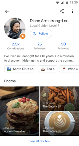 Caption: A screenshot of a user’s profile page with creator topics, including Santa Cruz, Tea, and Wine.
