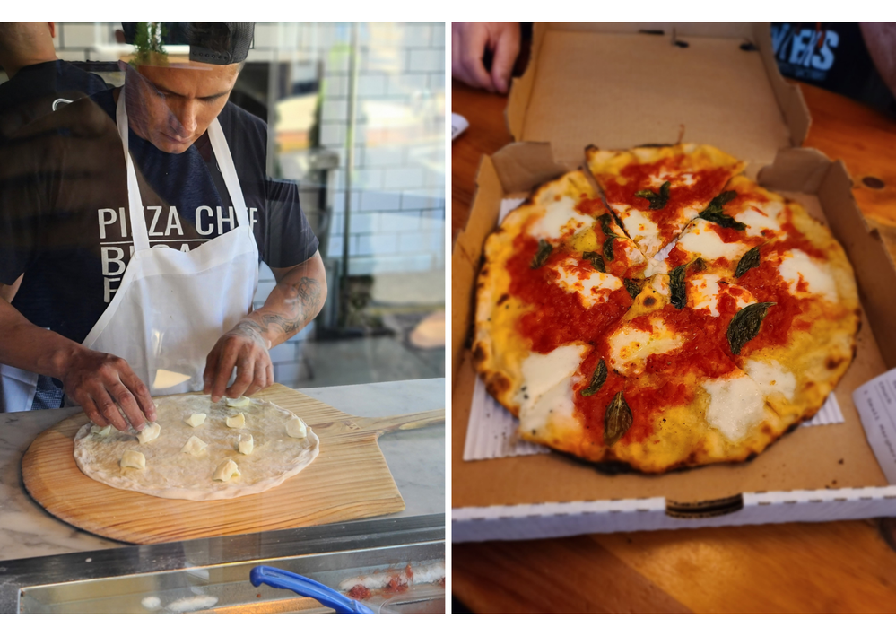 Caption: A collage of two photos taken by Local Guide Chuck Mound, showing Vincenzo, a pizza maker at Bricco Coal Fired Pizza (left) and a pizza in a takeaway box (right). (Local Guide Chuck Mound)