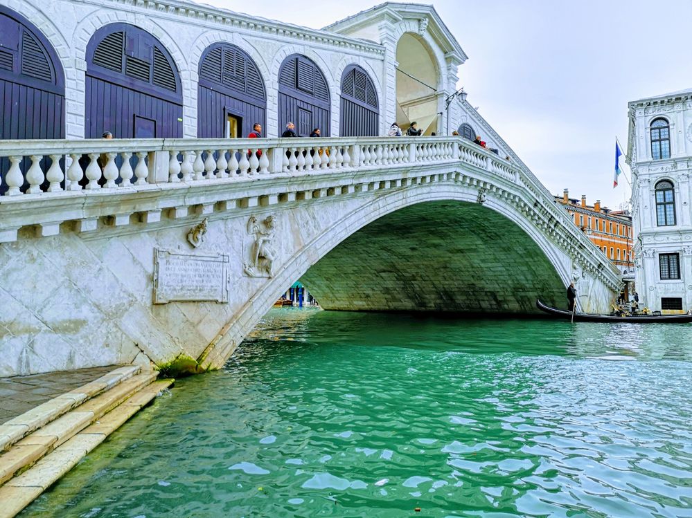 Caption: A photo of the white Rialto Bridge over the emerald waters of Venice’s Grand Canal, with people walking up and down it. (Local Guide H. Trillo)