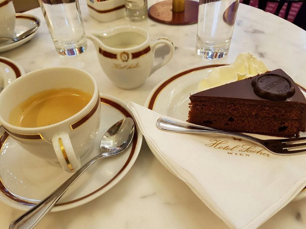 Sacher cake with coffee at the Hotel Sacher
