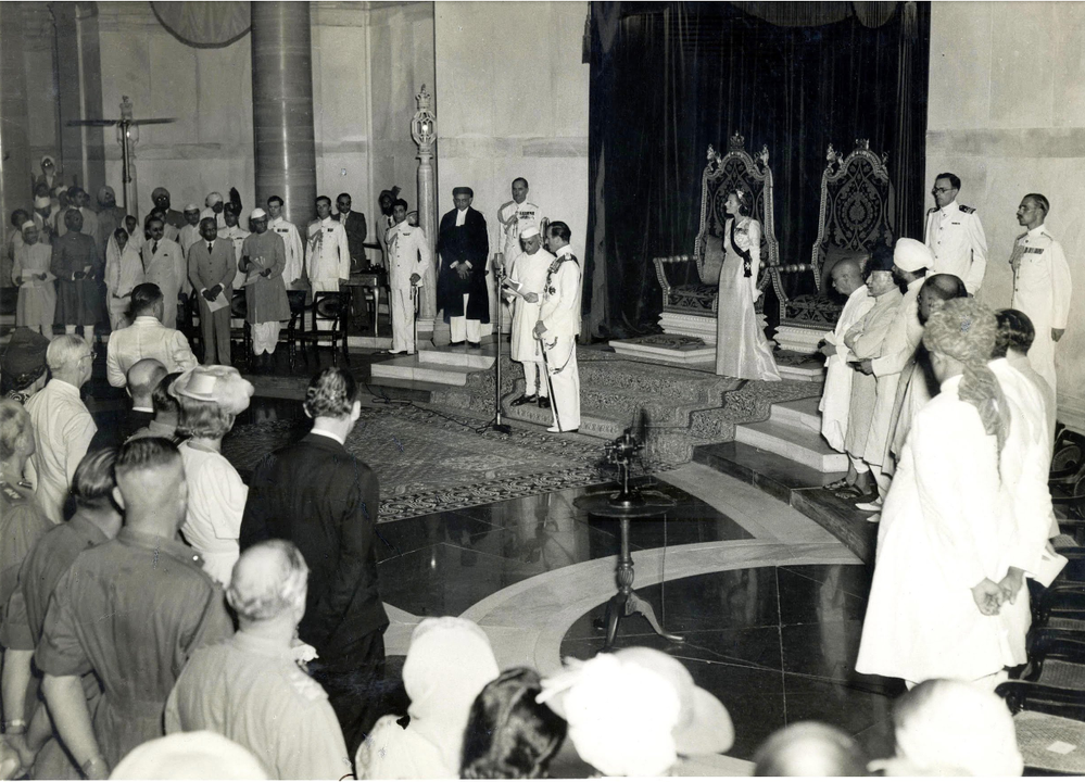 This photo shows Jawaharlal Nehru being sworn in as First Prime Minister of Independent India on 15 August 1947: