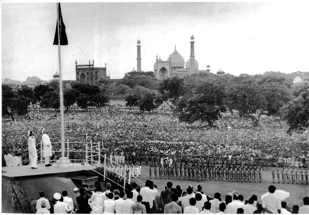 The unfurling of National Flag by Jawaharlal Nehru at Red Fort, Delhi, on 16 August 1947