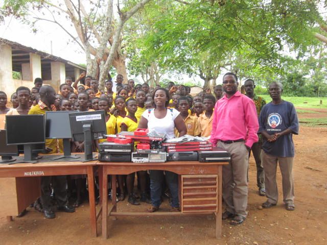 Donating computer sets to a primary school  in Bomso, a town near Asuom, at the kind courtesy of the SERENDIPALM FOUNDATION, Ghana