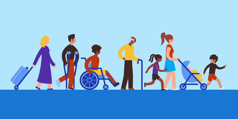 Caption: Illustration of people with luggage, in a wheelchair, walking with a cane, running, and walking,.