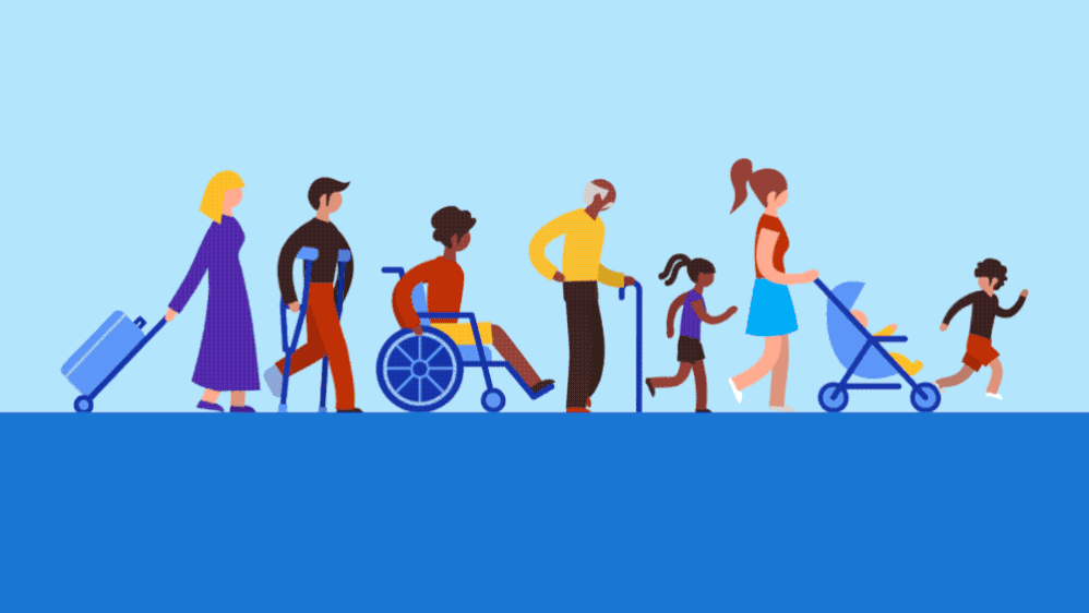 Caption: Animated image of adults and children navigating a street with luggage, crutches, a wheelchair, a cane, and a stroller.
