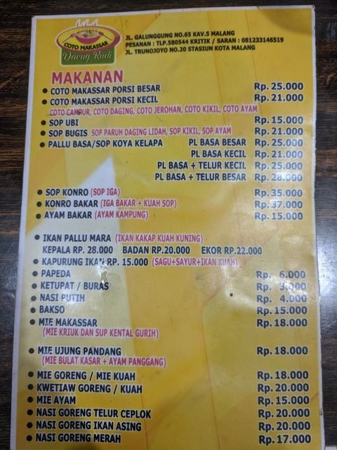 Menu Coto Makassar Malang