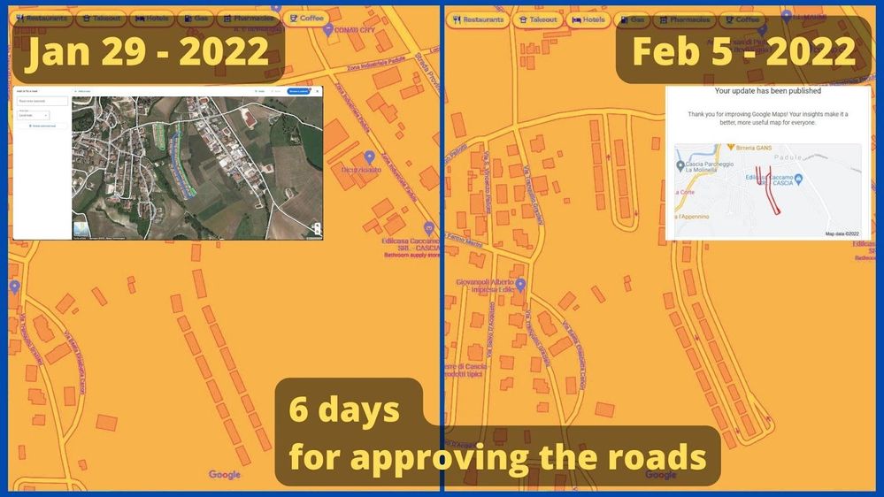 Caption:  two different screenshots of the same area in Google maps where you can see: Left: The area before submitting the road. Right: the same area six days later, after the approval of the road