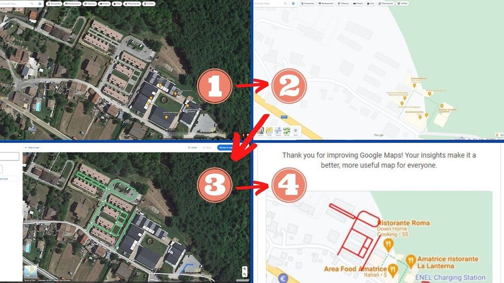 Caption: a collage of four screenshots showing the steps for submitting an edit: 1) Explore the area in satellite mode, to find the SAEs. 2) A view of the same area in Map mode, to verify if the road already exists. 3) Same area. In green you can see the new roads, just drawn, and ready to be submitted. 4) The feedback from Google Maps to confirm that the edit has been submitted