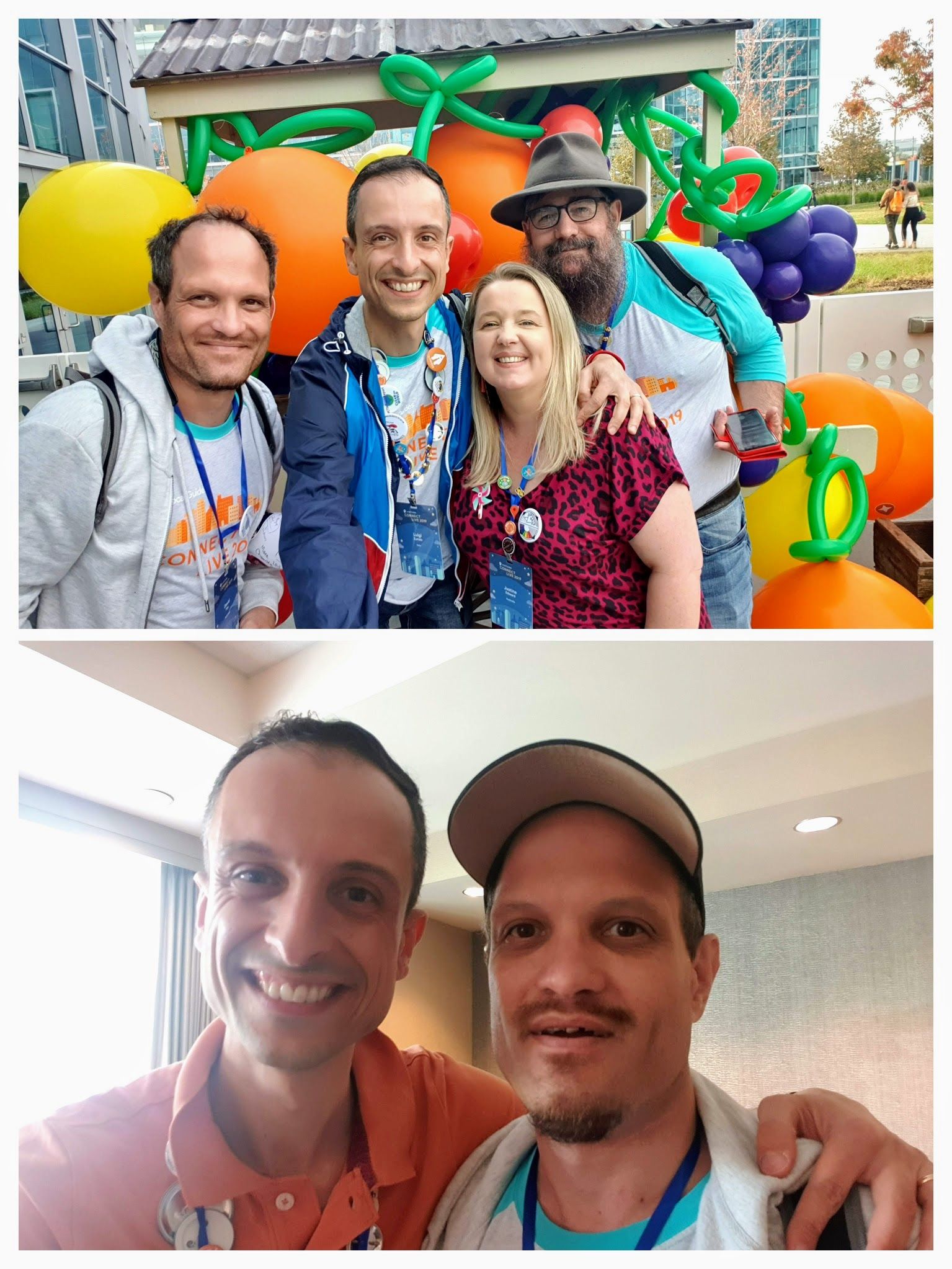 Collage, upper: group selfies with LG @DavidTito, @JustineE, @PaulPavlinovich in front of Google colored balloons, bottom: selfie with LG @DavidTito in the hotel at the CL19 goodbye brunch - Local guide @LuigiZ