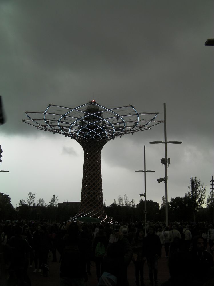 The Tree of Life, symbol of the expo, at 11:37 am, under the storm