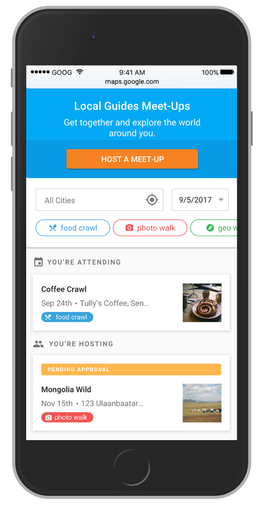 A phone displaying upcoming meet-ups that a Local Guide is attending and hosting