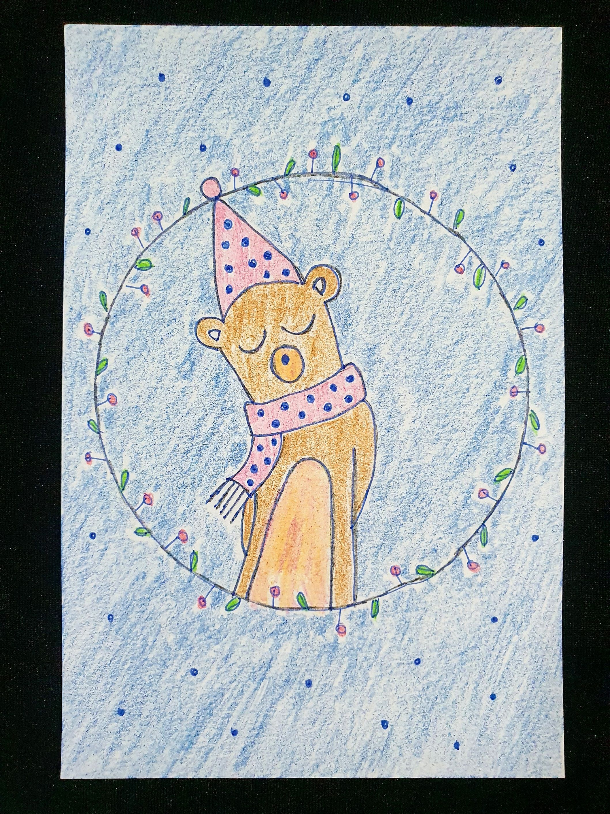 A bear in a wreath - drawing and painting