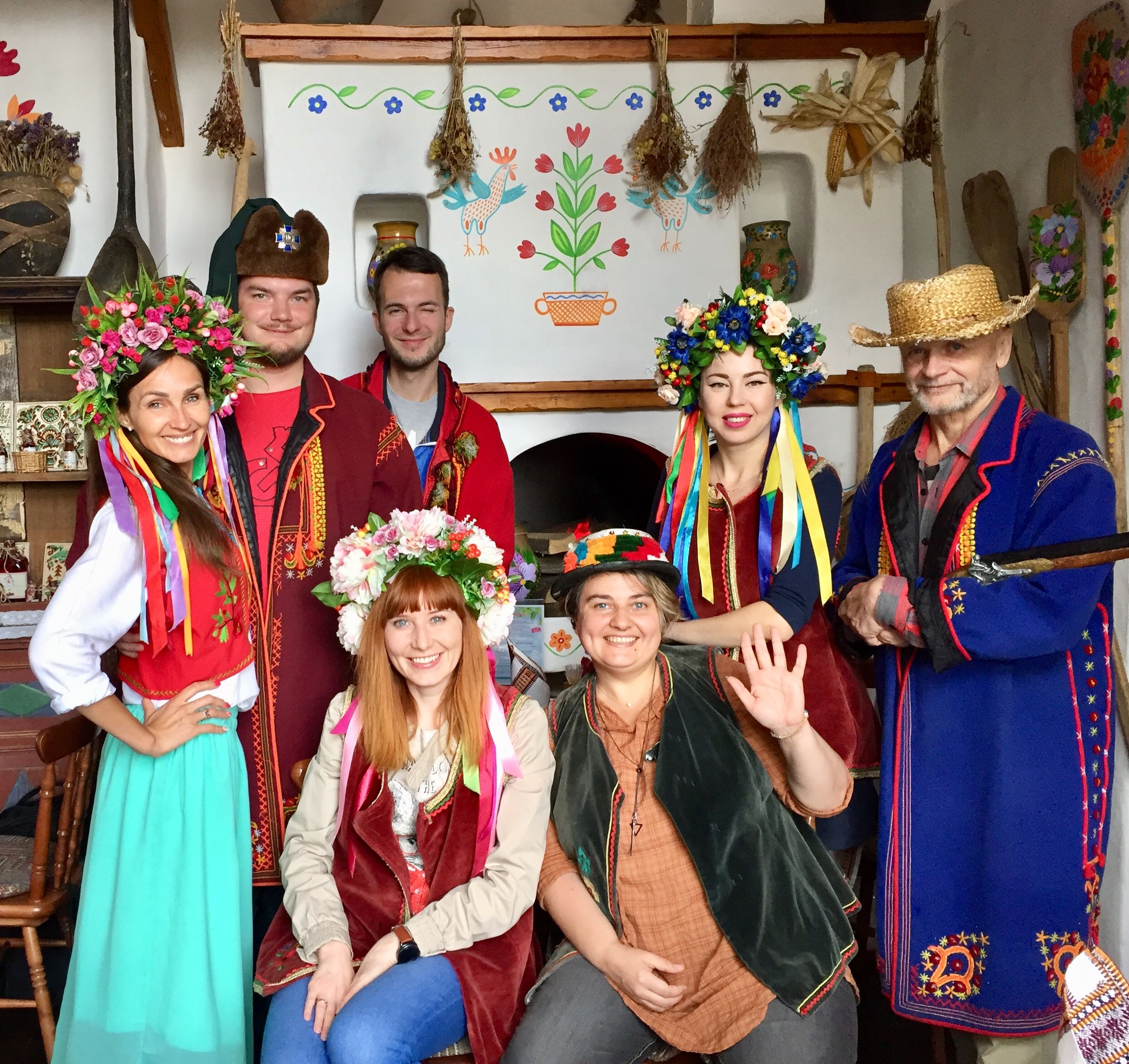 Caption: Kyiv Local Guides in Ukrainian traditional clothing in Taras Bulba restaurant in Kyiv, Ukraine (Kyiv Local Guides Team)