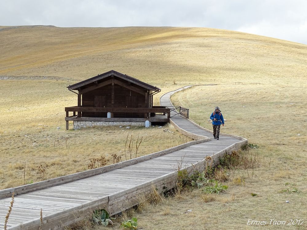 Caption: A Local Guide walking in the last part of a pathway for weelchair, on the middle of Sibillini mountains, at 1600 meters above sea level - Local Guide @ermest