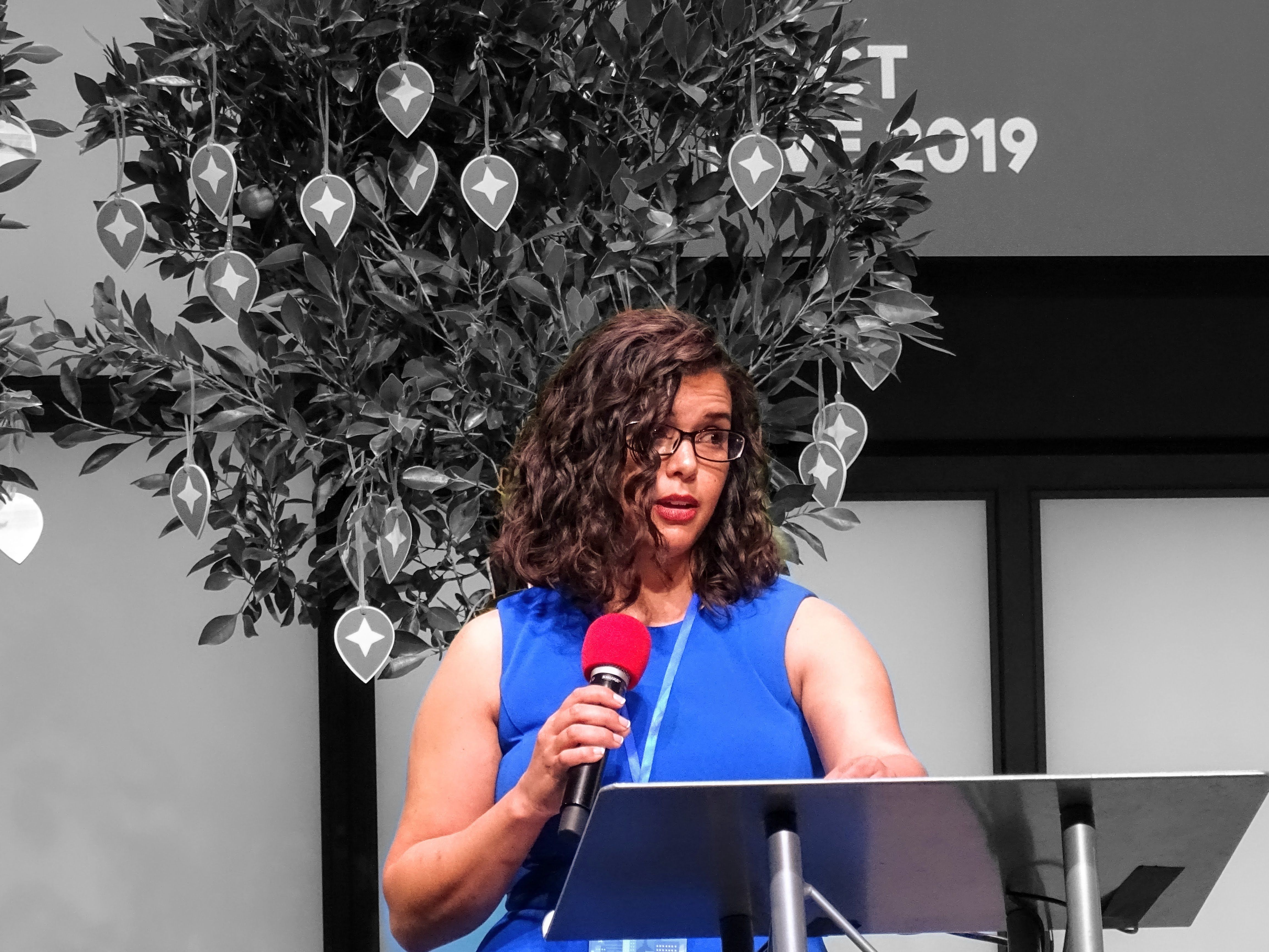 Caption: A photo of Local Guide Megan giving a speech on the stage of Connect Live 2019 - Photo @ermest