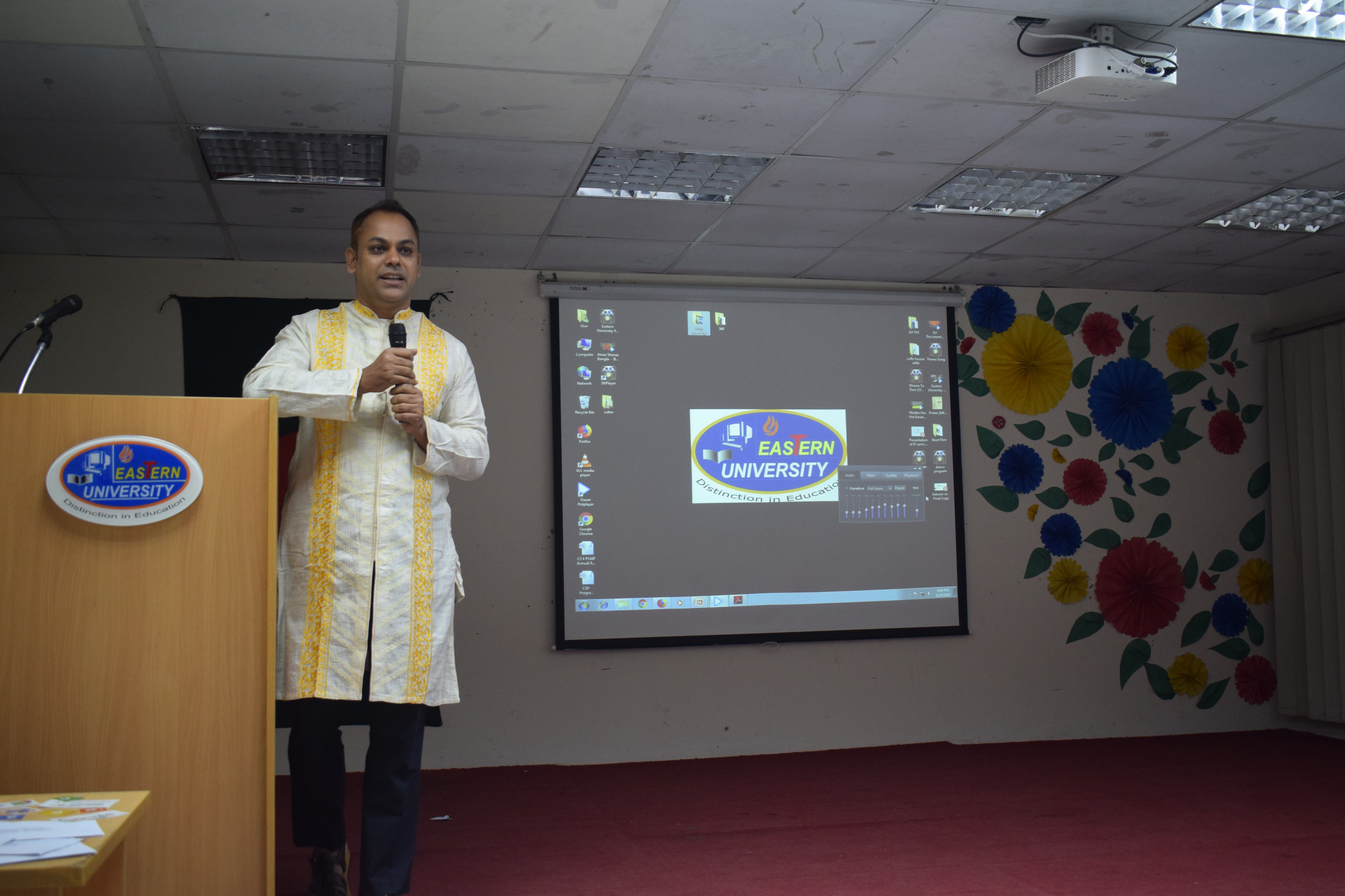 Professor Dr. Mahfuzur Rahman, Dean, Faculty of Engineering and Technology, Eastern University, speaks at the 97th meet-up of Google Local Guides Bangladesh. Photo Courtesy: Google Local Guides Bangladesh