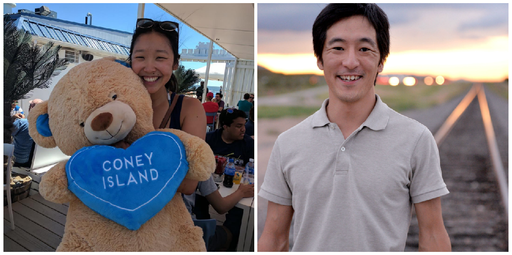 Caption: Two photographs. Left: Cat with a stuffed bear she did not win, nor come close to winning, at Coney Island. Right: Rio standing in front of a railroad track at sunset. Rio is safe and not about to be run over by a train.