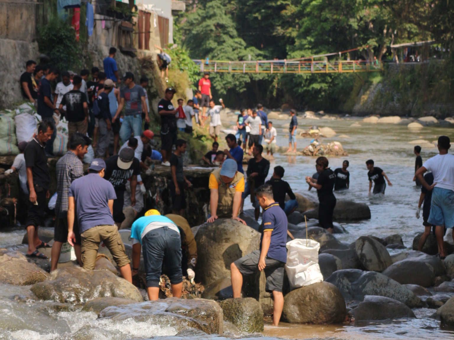 Kelompok pemuda Karang Taruna Kelurahan Sempur  berbondong-bondong masuk ke Sungai Ciliwung untuk memunguti sampah