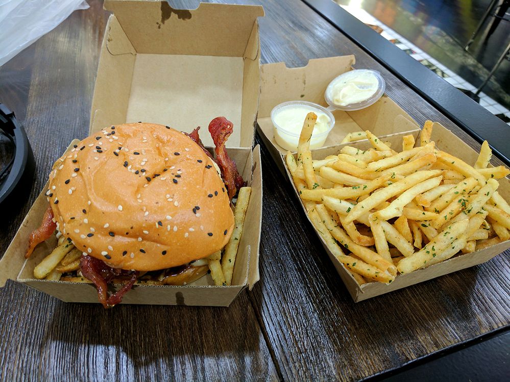 Burgers with some delicious fries, entitled Blame Canada.
