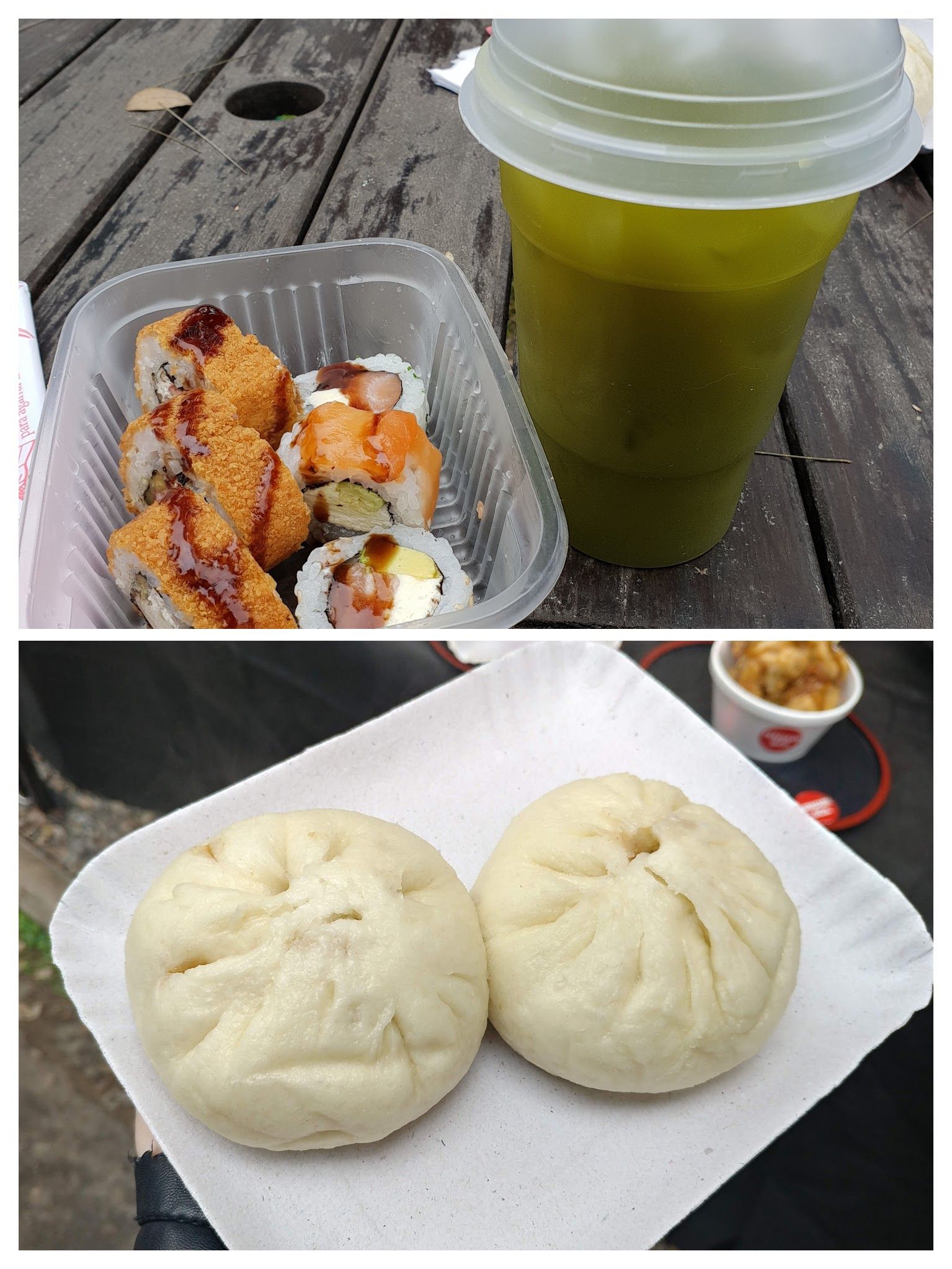 Caption: On the top, a photo of sushi and a cold Matcha tea, taken by Valeria. On the bottom, a photo of Nikuman (a steamed dumpling) with pork inside.