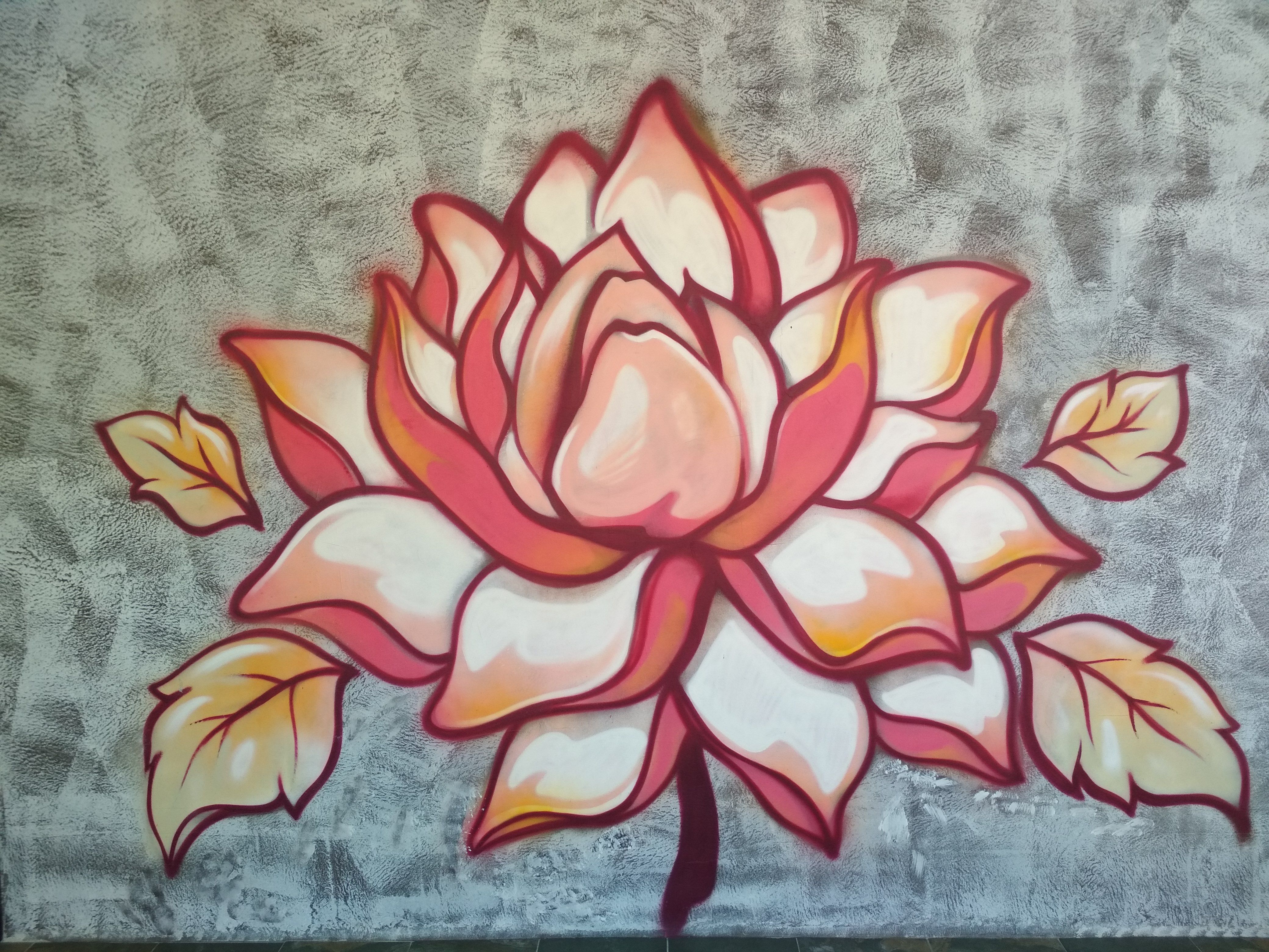Caption: A photo of a flower, painted on the outside wall of a public toilet in Sopot, Bulgaria.