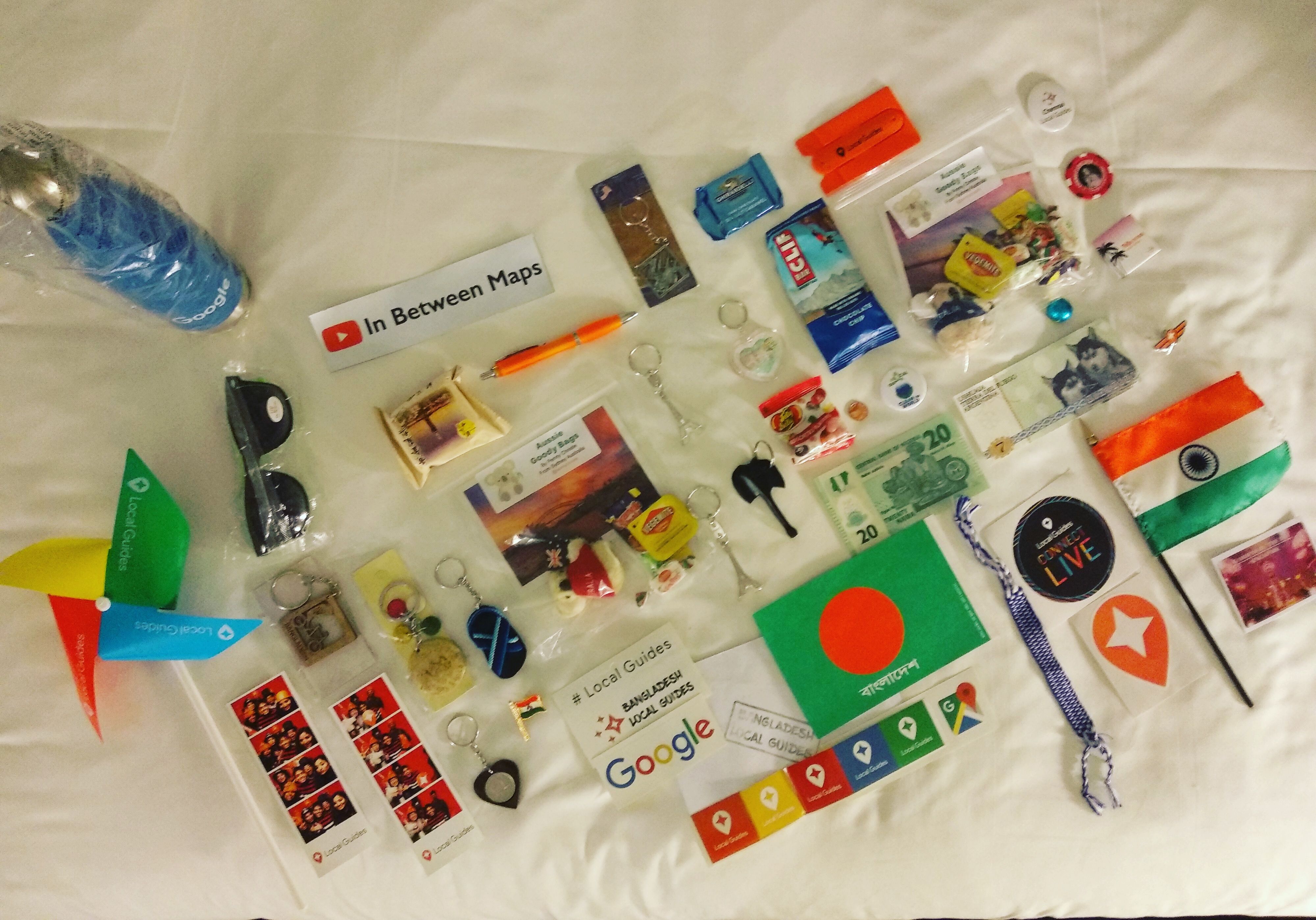 A collection of gifts which I got from wonderful Local Guides and Team at Connect Live 2018