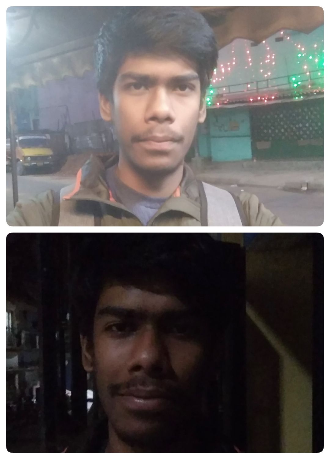 Selfie when leaving around 5AM and selfie after reaching around 12AM
