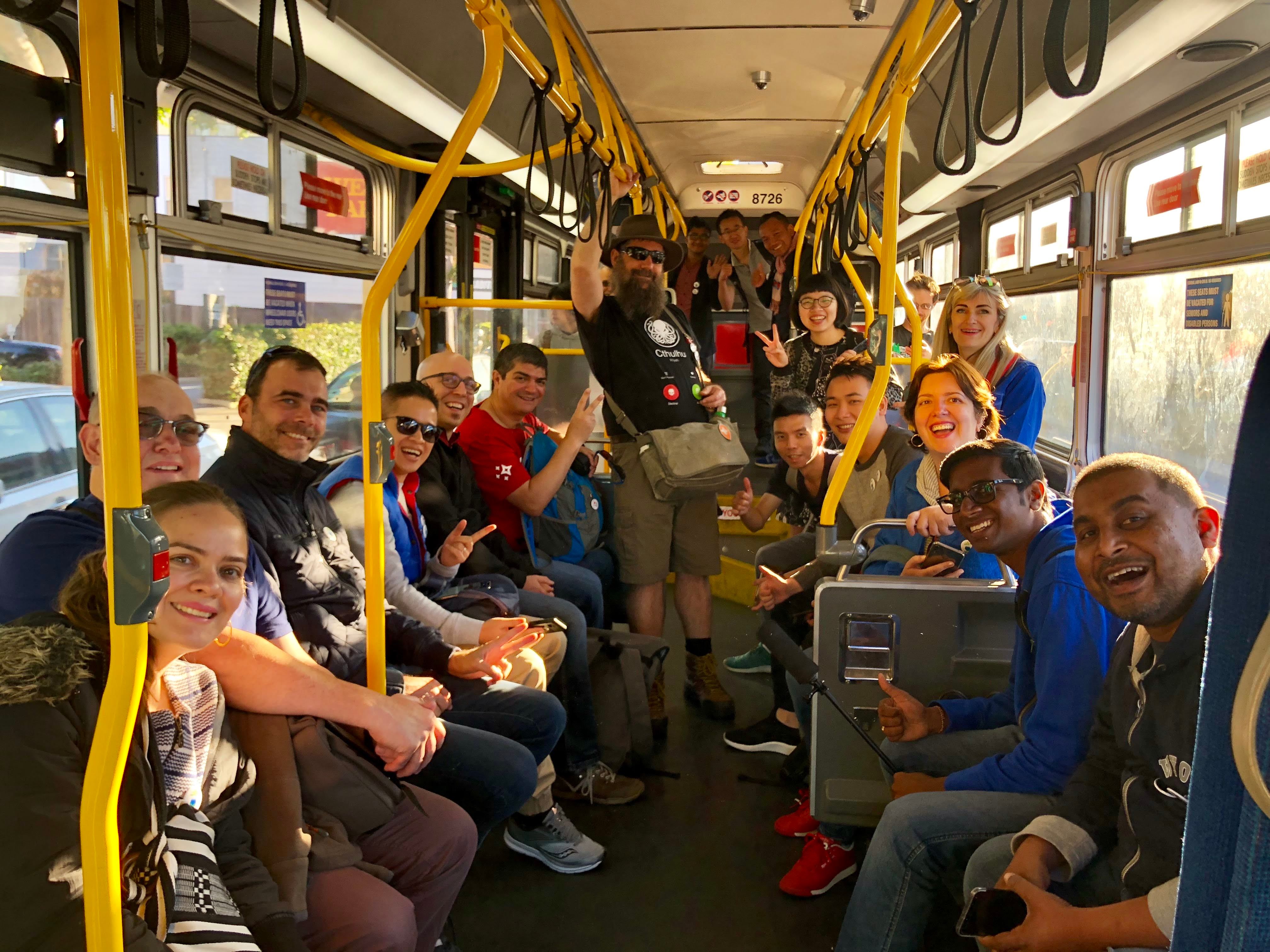 Our Clean The World - Connect Live 2018 Edition Meetup Local Guides Team riding MUNI, SF's public bus, to The Presidio. Photo Credit: San Francisco Bay Area Local Guide and Connect Moderator @karenvchin